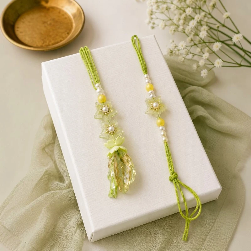 Lime Green Star Beads Bhaiya-Bhabhi Rakhi & Lumba Set 2 Star Beads Bhaiya-Bhabhi Rakhi & Lumba