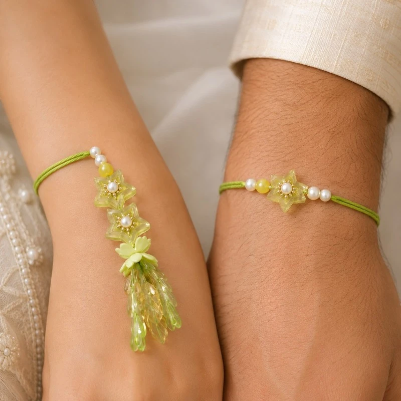 Lime Green Star Beads Bhaiya-Bhabhi Rakhi & Lumba Set 3 Star Beads Bhaiya-Bhabhi Rakhi & Lumba