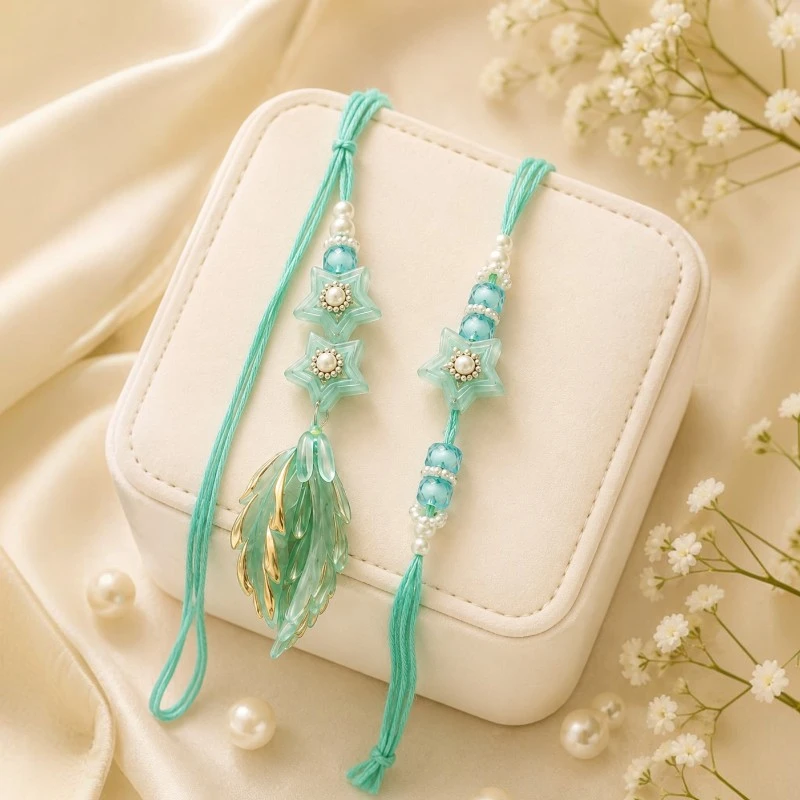 Aqua Star Beads Bhaiya-Bhabhi Rakhi & Lumba Set 1 Star Beads Bhaiya-Bhabhi Rakhi & Lumba