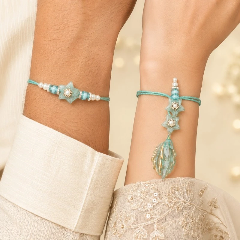 Aqua Star Beads Bhaiya-Bhabhi Rakhi & Lumba Set 3 Star Beads Bhaiya-Bhabhi Rakhi & Lumba