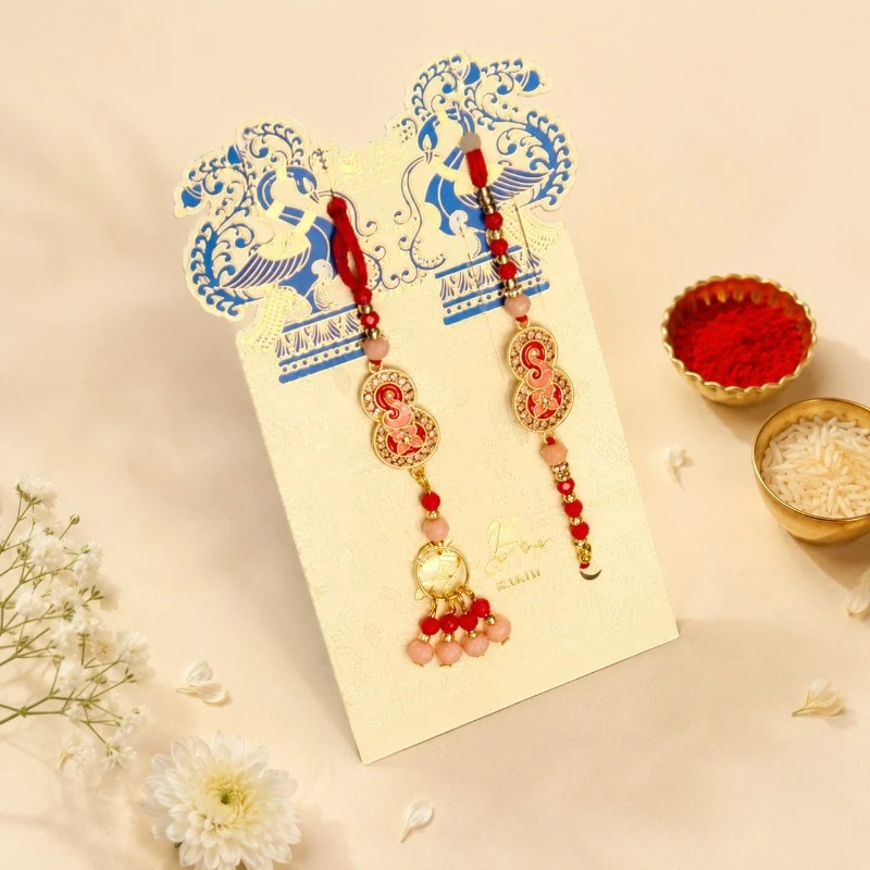 Red Beaded Meenakari Bhaiya Bhabhi Rakhi Lumba Set 2 Meenakari Bhaiya Bhabhi Rakhi Lumba Set
