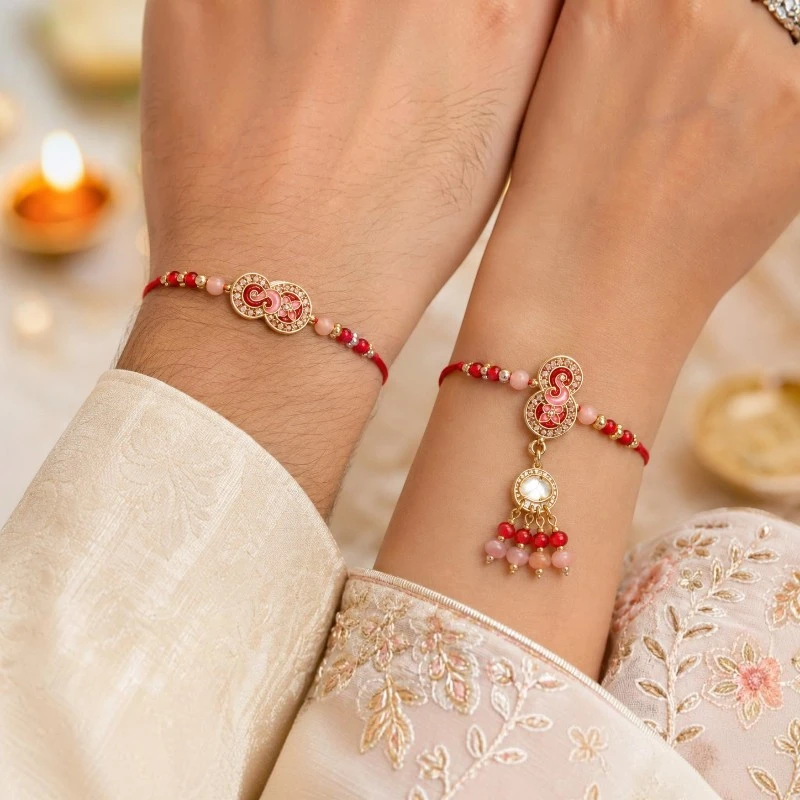 Red Beaded Meenakari Bhaiya Bhabhi Rakhi Lumba Set 3 Meenakari Bhaiya Bhabhi Rakhi Lumba Set