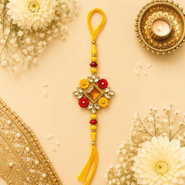 Yellow & Red Flower Kundan Rakhi for Brother