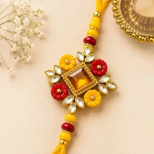 Yellow & Red Flower Kundan Rakhi for Brother