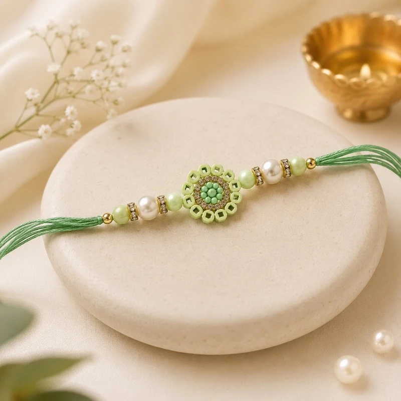 Mint Green Pearl Beaded Rakhi for Brother 1 Mint Green Pearl Beaded Rakhi