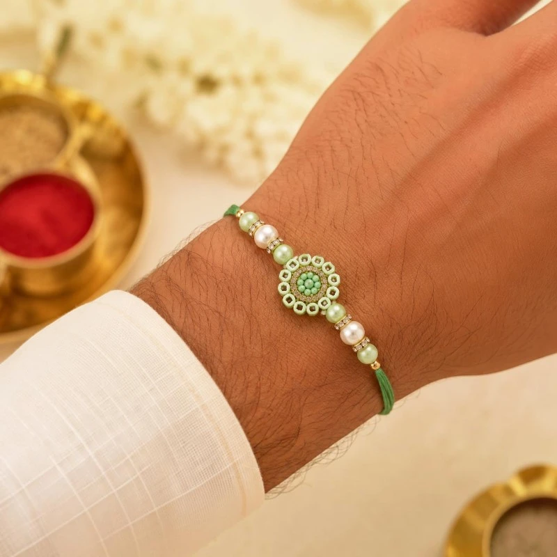 Mint Green Pearl Beaded Rakhi for Brother 3 Mint Green Pearl Beaded Rakhi