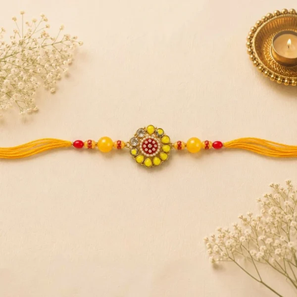 Yellow Floral Kundan Beaded Rakhi For Brother
