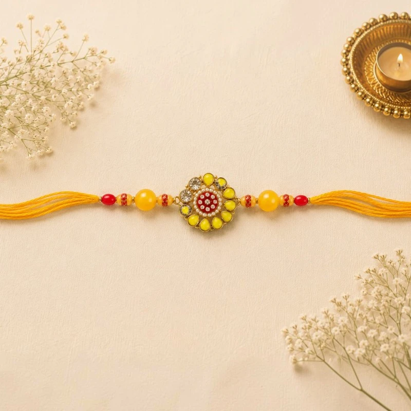 Yellow Floral Kundan Beaded Rakhi For Brother 1 Yellow Floral Kundan Beaded Rakhi