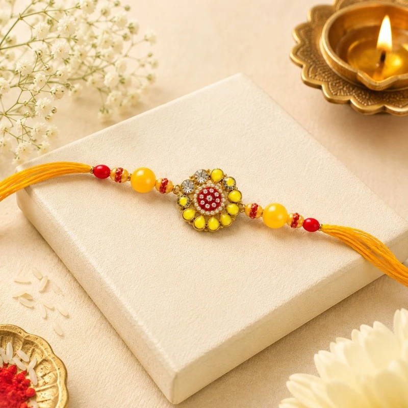 Yellow Floral Kundan Beaded Rakhi For Brother 2 Yellow Floral Kundan Beaded Rakhi