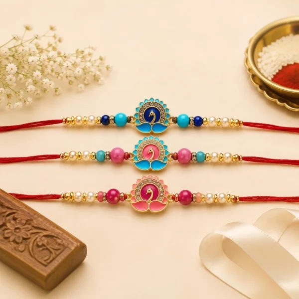 Meenakari Lotus Beaded Rakhi Set of 3 for Brothers
