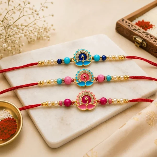 Meenakari Lotus Beaded Rakhi Set of 3 for Brothers