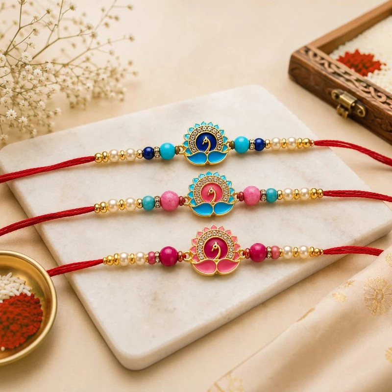 Meenakari Lotus Beaded Rakhi Set of 3 for Brothers 2 Meenakari Lotus Beaded Rakhi Set of 3