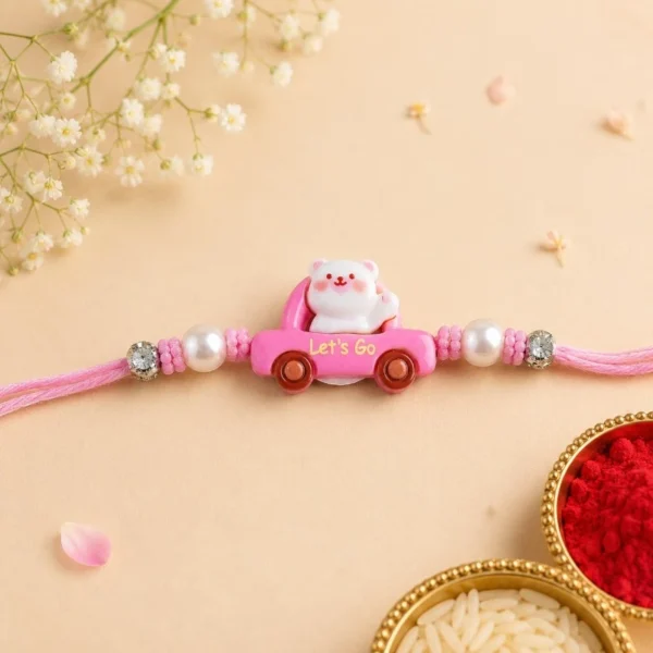 Pink Bear Car Beaded Rakhi for Kids