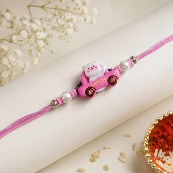 Pink Bear Car Beaded Rakhi for Kids