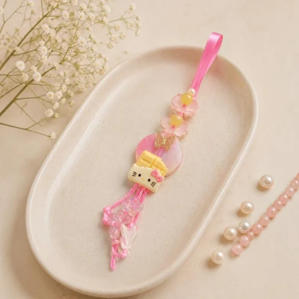 Pink Kitty Floral Kids Lumba Rakhi With Tassels