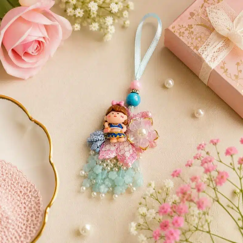 Floral Pink Doll Kids Lumba Rakhi with Pearl Tassels 1 Pink Doll Kids Lumba Rakhi