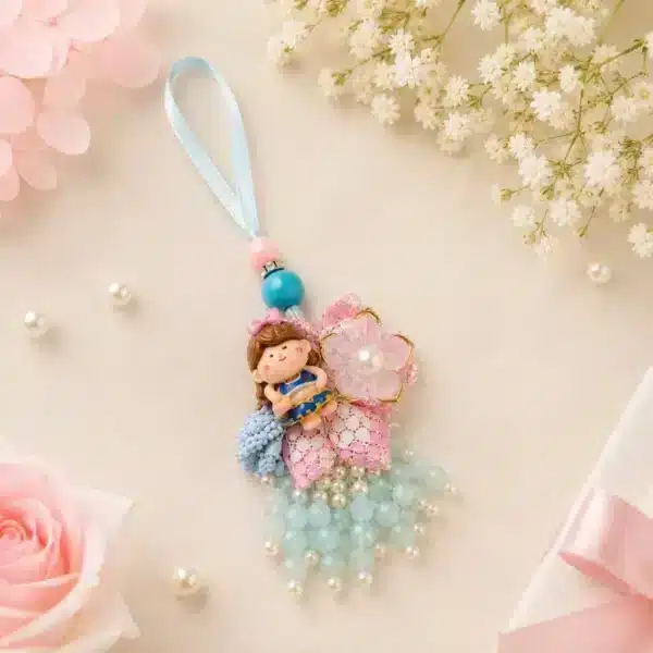 Floral Pink Doll Kids Lumba Rakhi with Pearl Tassels