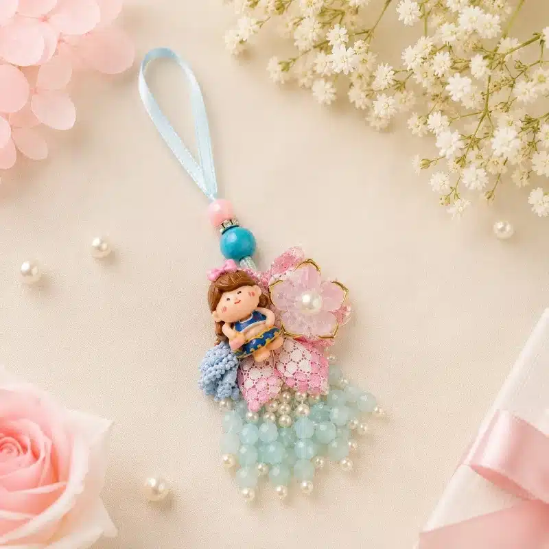 Floral Pink Doll Kids Lumba Rakhi with Pearl Tassels 2 Pink Doll Kids Lumba Rakhi