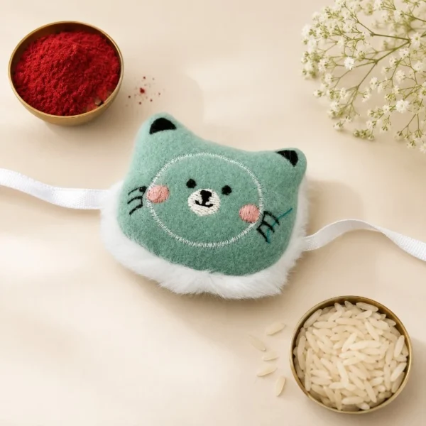 Mint Green Plush Cat Rakhi for Kids | Cartoon Rakhi