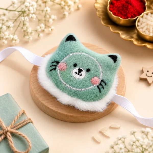 Mint Green Plush Cat Rakhi for Kids | Cartoon Rakhi