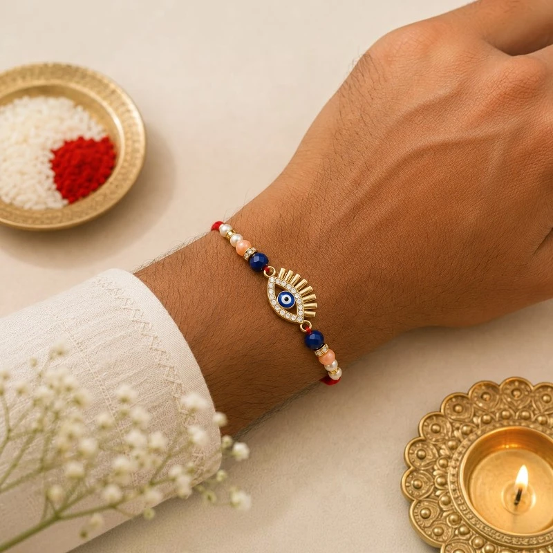 Blue Evil Eye Beaded Rakhi for Brother | Nazar Rakhi 4 Blue Evil Eye Beaded Rakhi for Brother