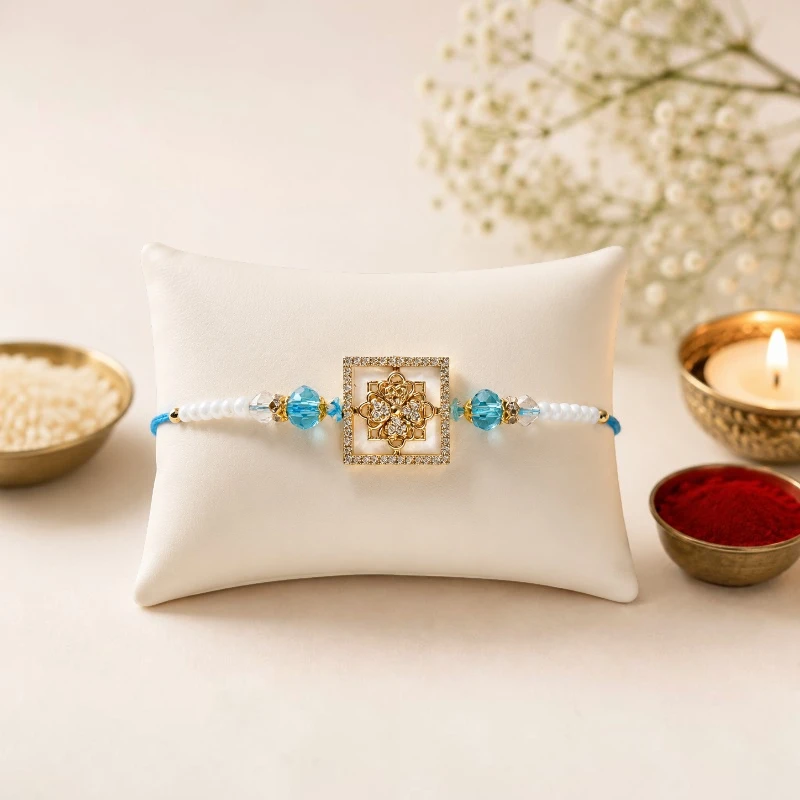 Aqua Blue Square Beaded Rakhi for Brother 3 Blue Square Beaded Rakhi for Brother