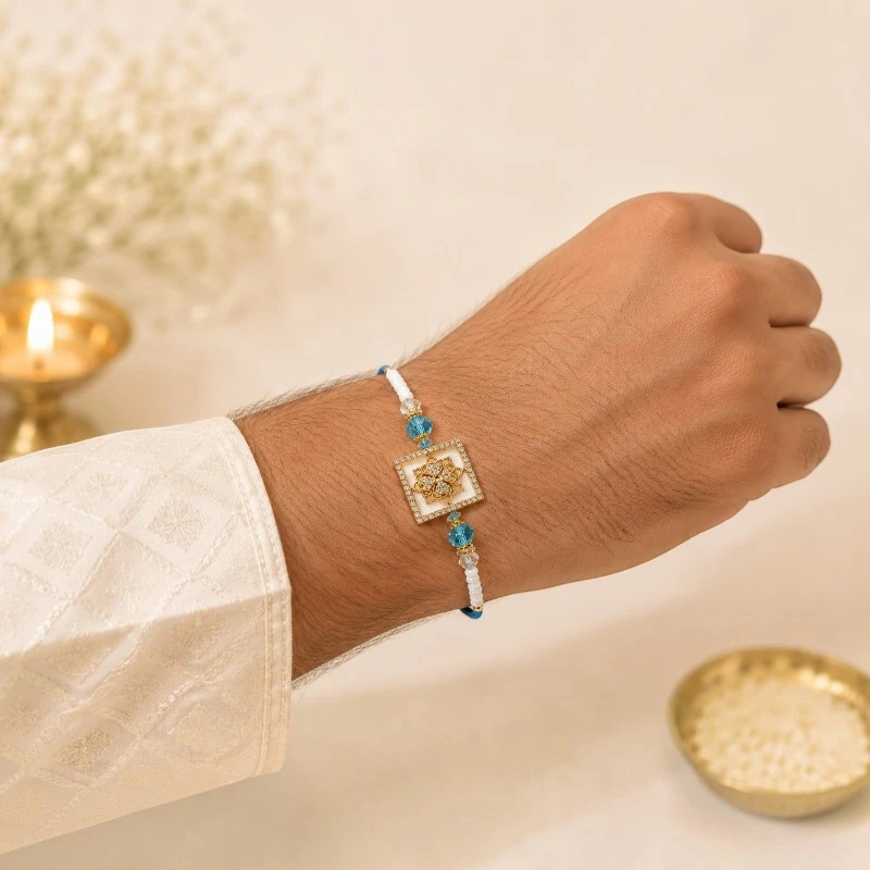Aqua Blue Square Beaded Rakhi for Brother 4 Blue Square Beaded Rakhi for Brother