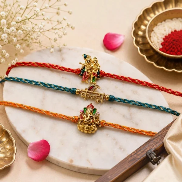 Divine Radha Krishna, Kanha & Ganesha Rakhi Set of 3