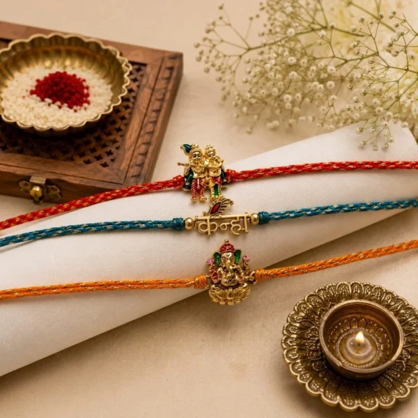 Divine Radha Krishna, Kanha & Ganesha Rakhi Set of 3