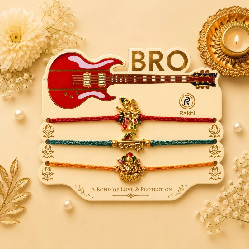 Divine Radha Krishna, Kanha & Ganesha Rakhi Set of 3 3 Radha Krishna Kanha & Ganesha Rakhi Set