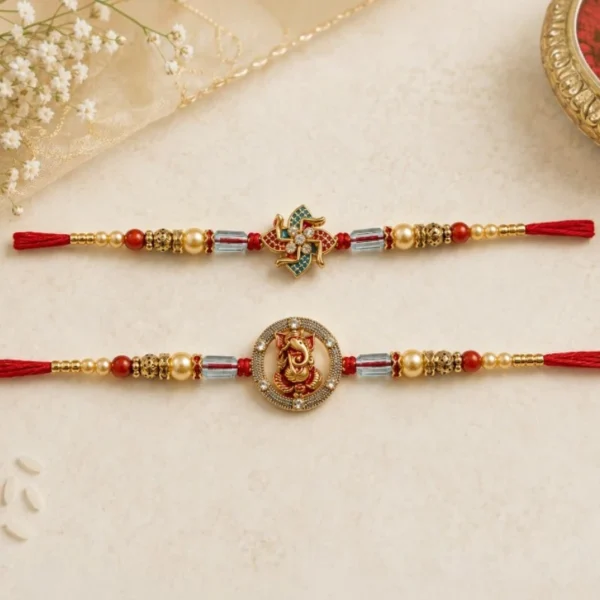 Swastik & Lord Ganesha Beaded Rakhi Set of 2