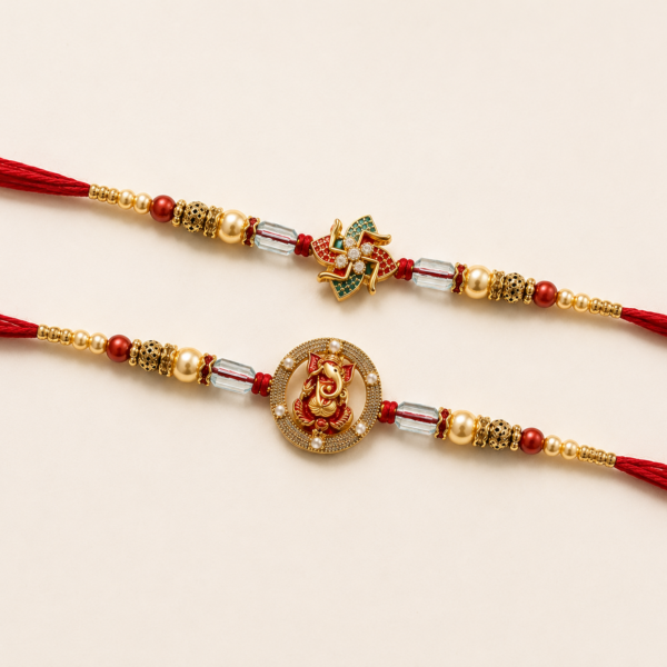 Swastik & Lord Ganesha Beaded Rakhi Set of 2