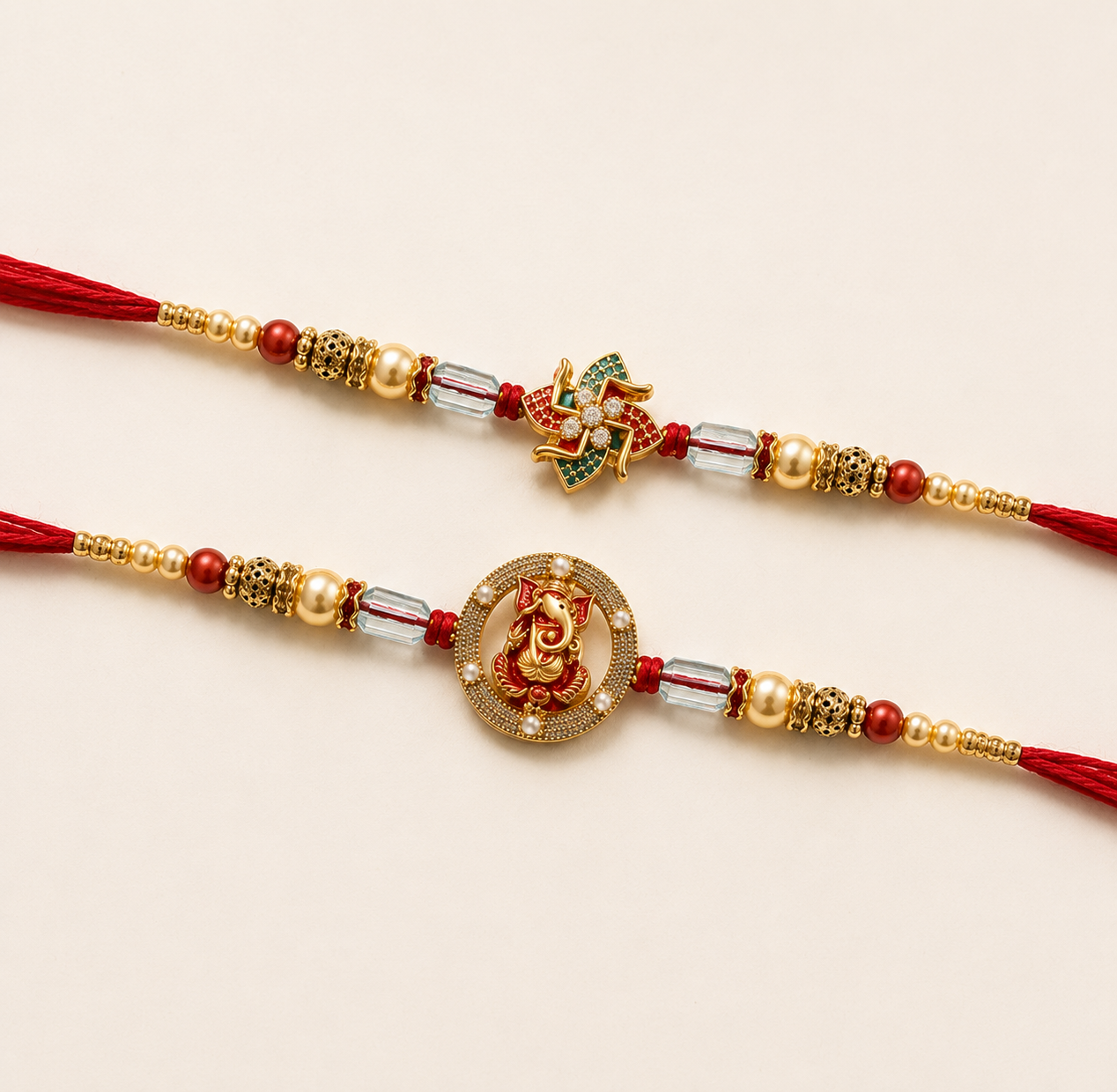 Swastik & Lord Ganesha Beaded Rakhi Set of 2 2 Swastik & Lord Ganesha Beaded Rakhi Set