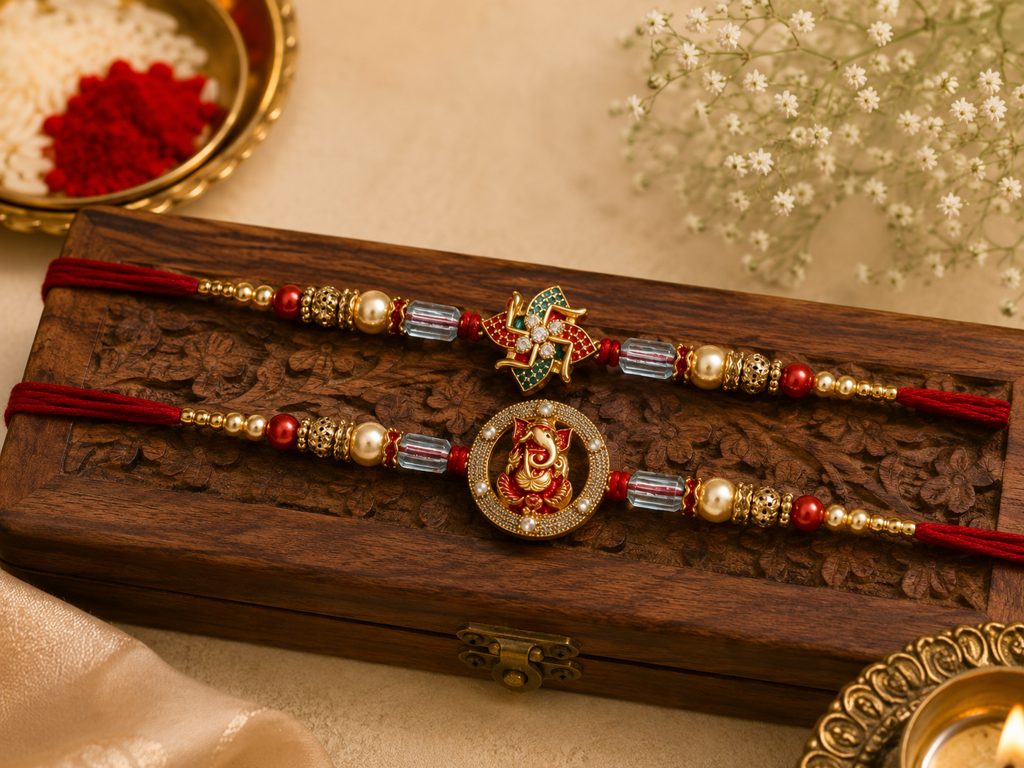 Swastik & Lord Ganesha Beaded Rakhi Set of 2 3 Swastik & Lord Ganesha Beaded Rakhi Set