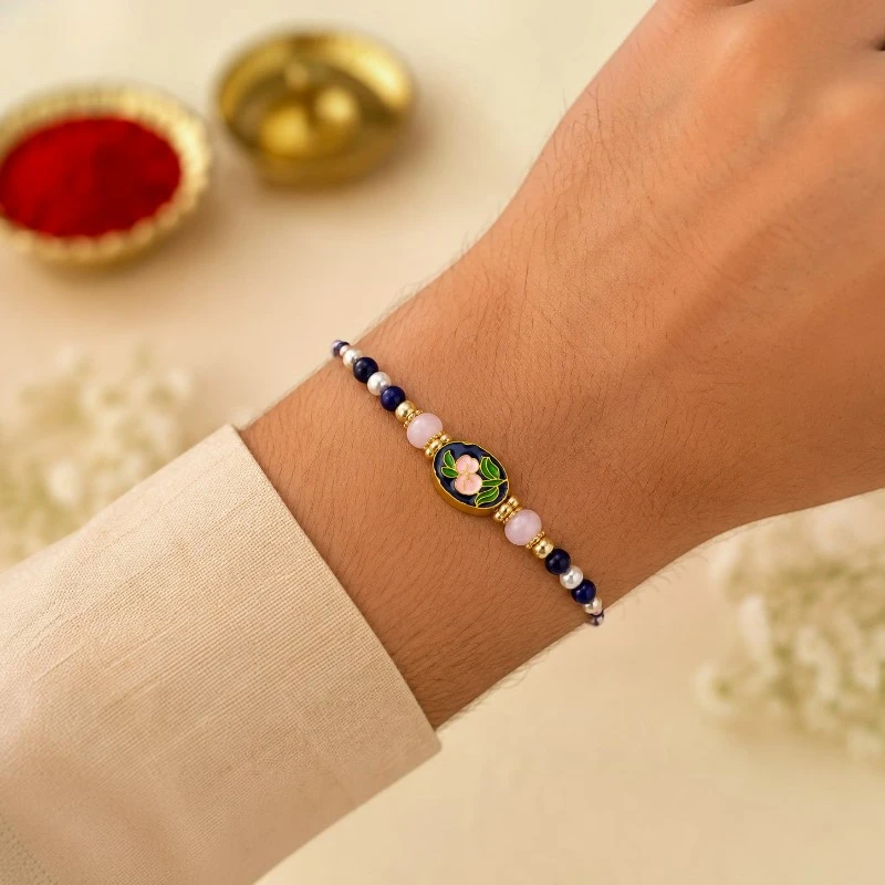 Blue Floral Meenakari Beaded Rakhi for Brother 3 Blue Floral Meenakari Beaded Rakhi