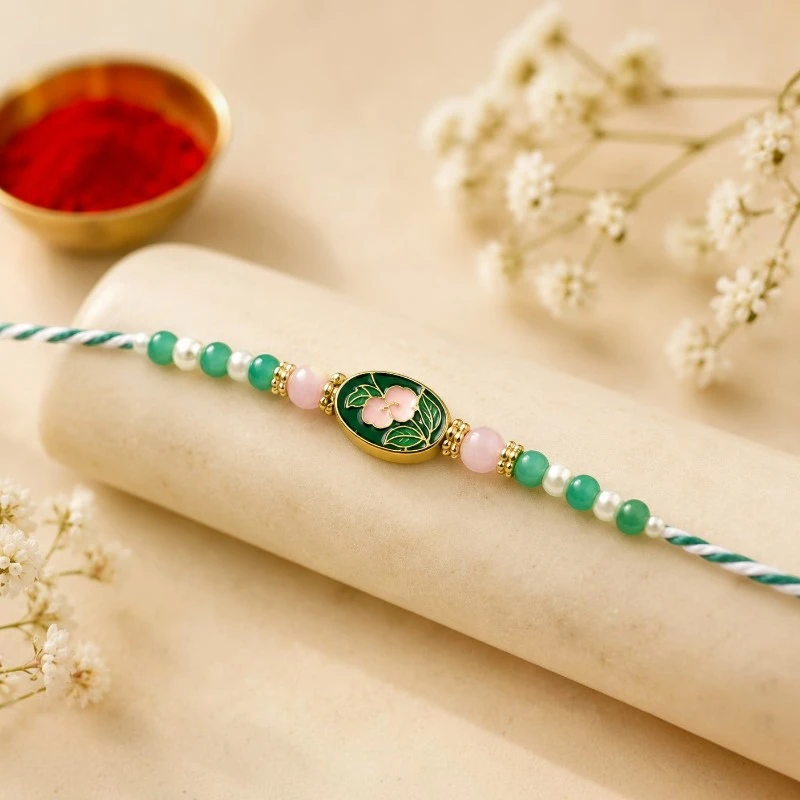 Green Floral Meenakari Beaded Rakhi for Brother 1 Green Floral Meenakari Beaded Rakhi
