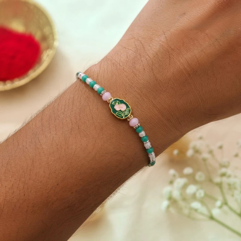 Green Floral Meenakari Beaded Rakhi for Brother 3 Green Floral Meenakari Beaded Rakhi