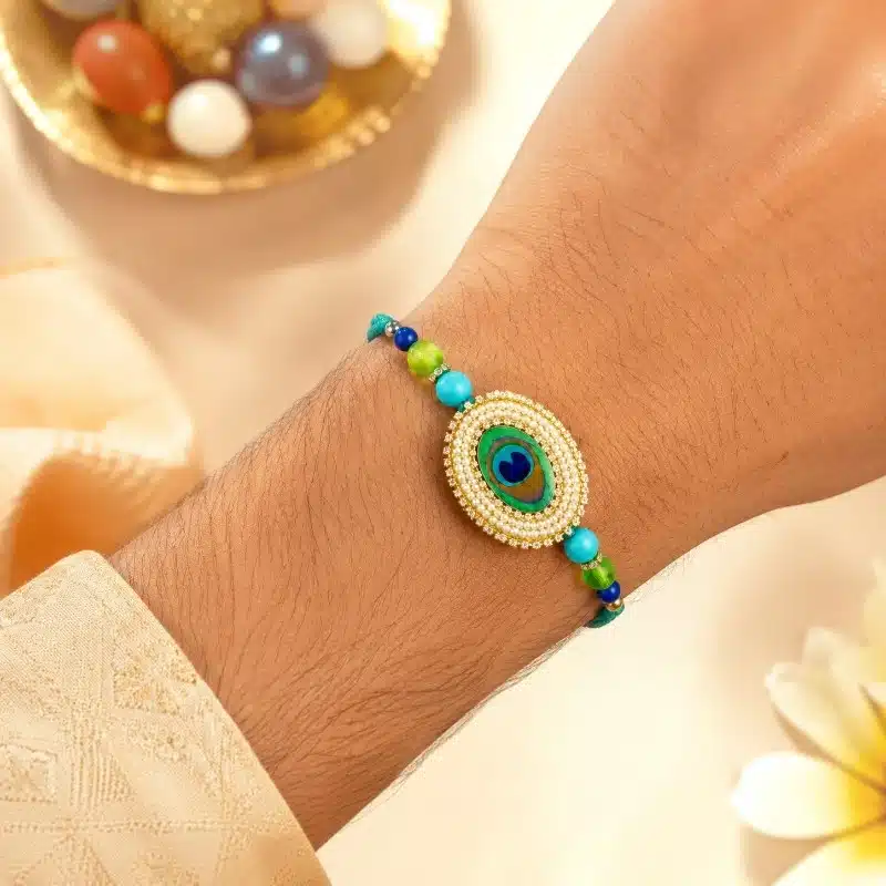 Big Mor Pankh Pearl Beaded Rakhi for Brother 3 Big Mor Pankh Beaded Rakhi